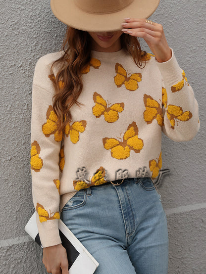 Womens Butterfly Print Crewneck Knit Sweater