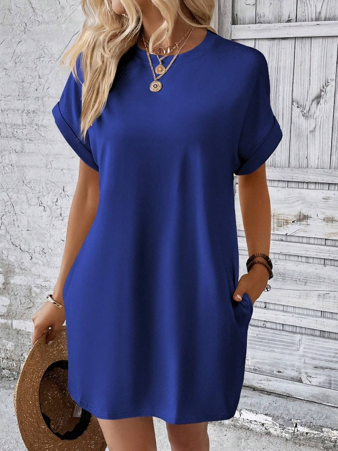 Casual Solid Color T-Shirt Dress with Pockets