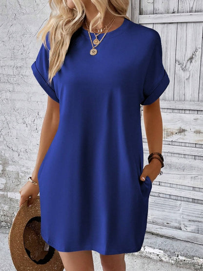Casual Solid Color T-Shirt Dress with Pockets