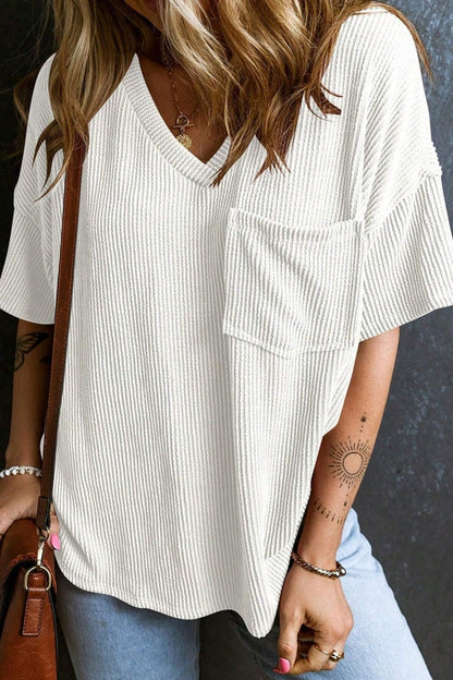 Casual V Neck Pocket T Shirt Loose Ribbed Knit Top