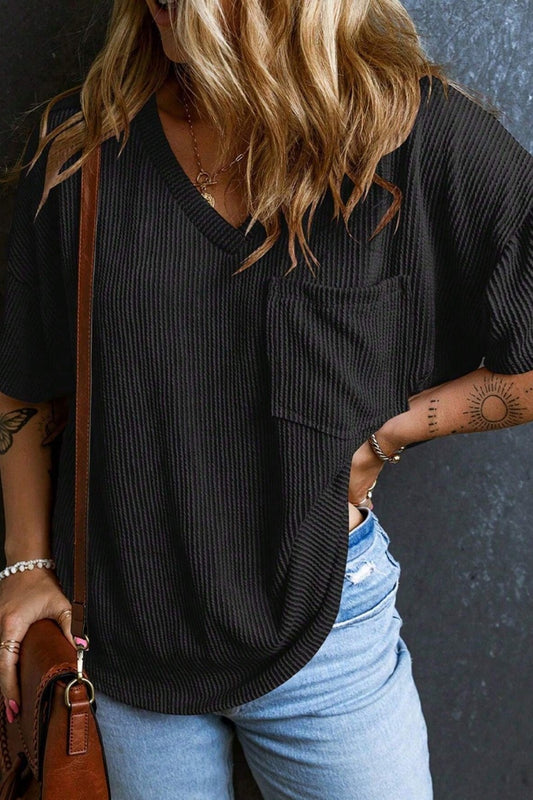 Casual V Neck Pocket T Shirt Loose Ribbed Knit Top