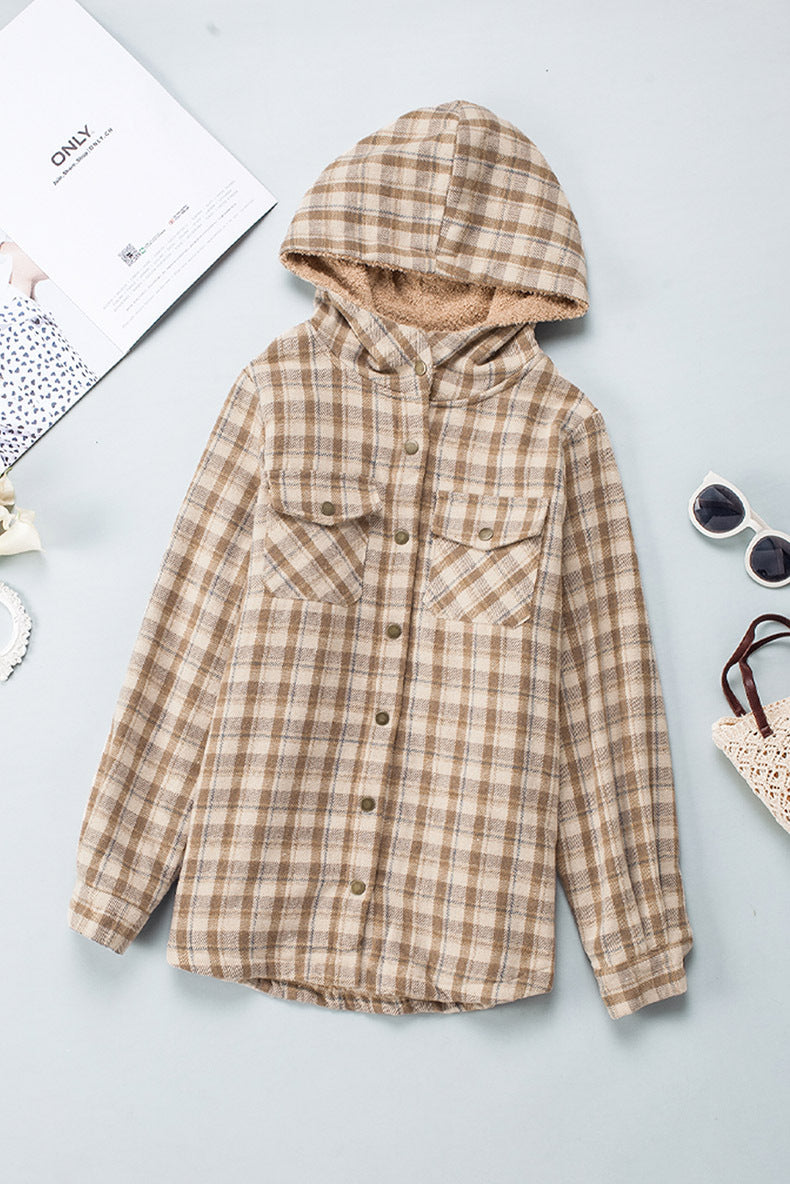 Winter Casual Plaid Hooded Tweed Jacket Women Thick Padded Warm Jacket Women