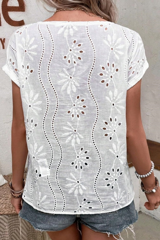 Short Sleeve Eyelet Top with Lace Detail