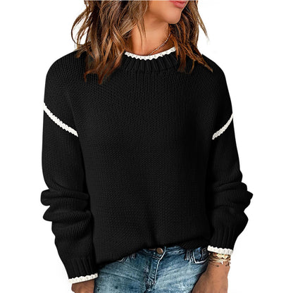 Women Color Block Crew Neck Pullover Sweater