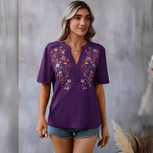 Floral Embroidered Lace Trim V-neck Top for Women