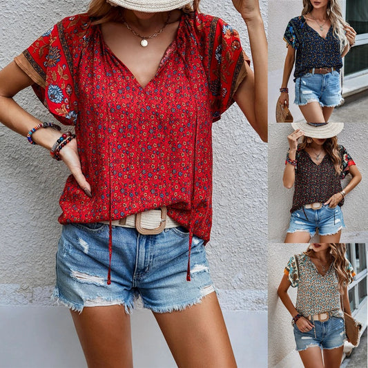 Boho Floral Print V Neck Relaxed Fit Top