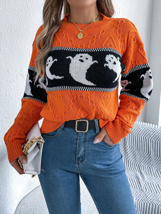 Halloween Ghost Graphic Orange Knit Sweater