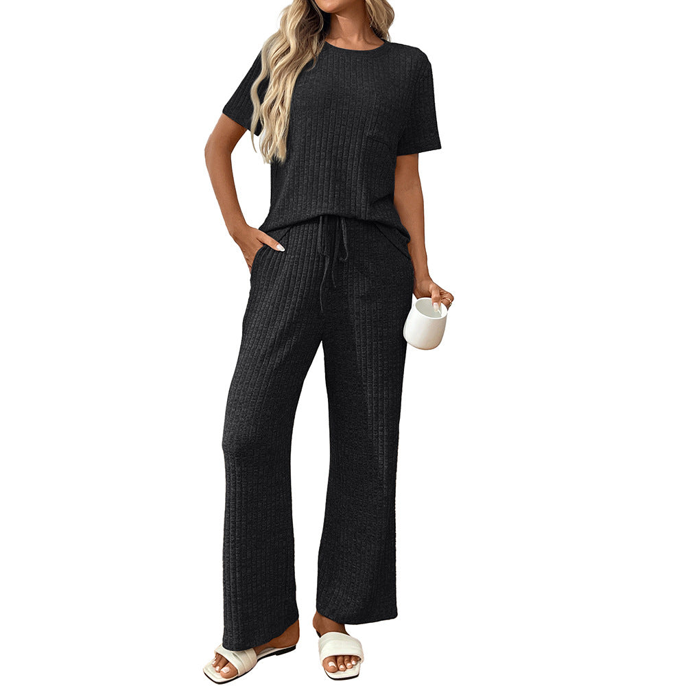Women’s Casual Ribbed Pajama Set, Short Sleeve Pants