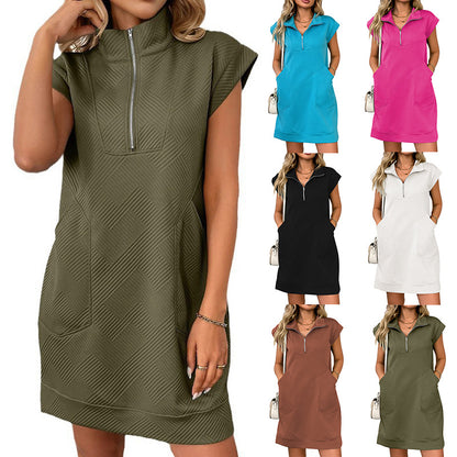 Zip Collar Loose Fit Casual Pocket Dress