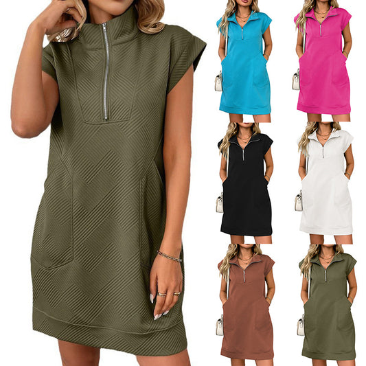 Zip Collar Loose Fit Casual Pocket Dress