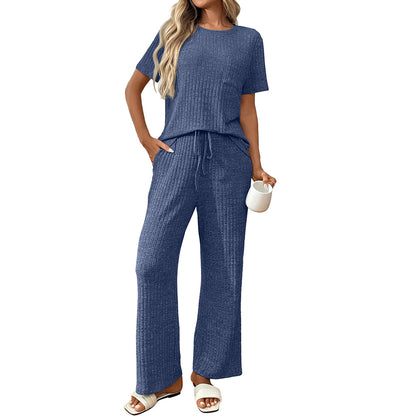 Women’s Casual Ribbed Pajama Set, Short Sleeve Pants