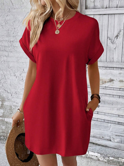 Casual Solid Color T-Shirt Dress with Pockets