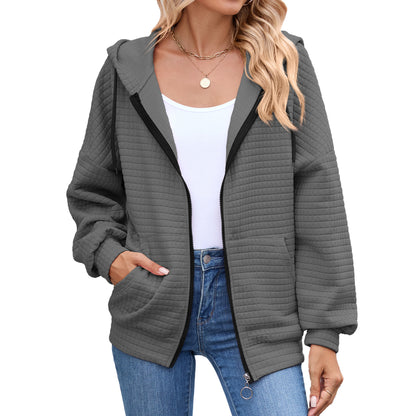 Quilted Zip-Up Hoodie Casual Long Sleeve Sweatshirt