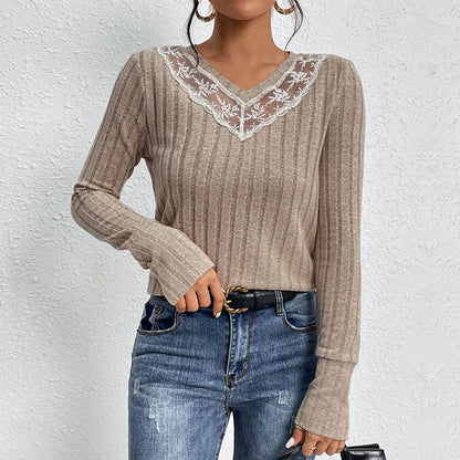 Lace V Neck Knit Top Long Sleeve Casual Pullover