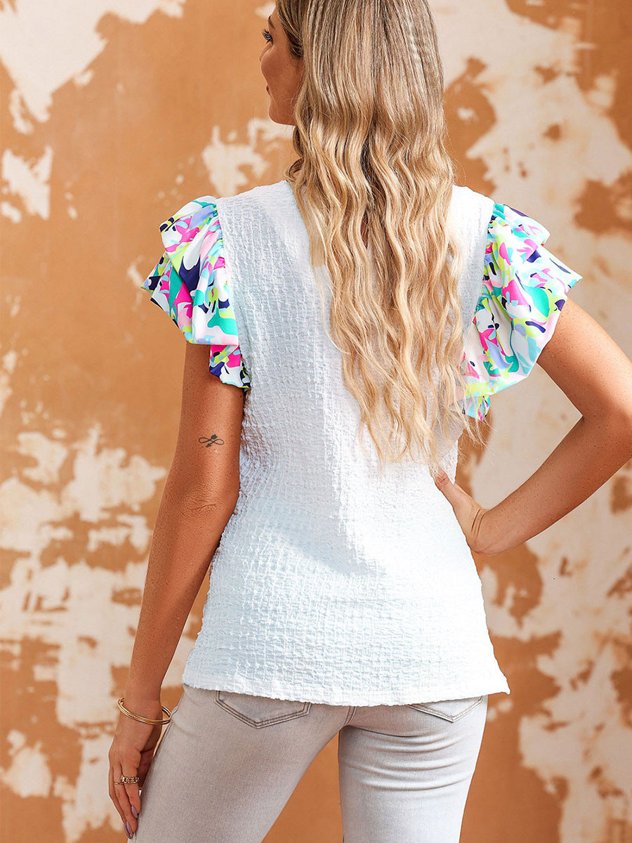 Personalized color collision texture bubble sleeve T-shirt female summer thin section pullover short-sleeved on the