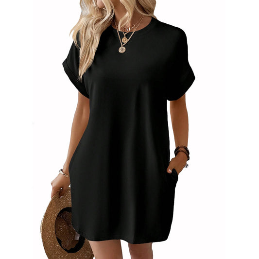 Casual Solid Color T-Shirt Dress with Pockets