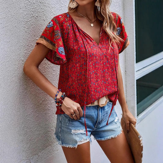 Boho Floral Print V Neck Relaxed Fit Top