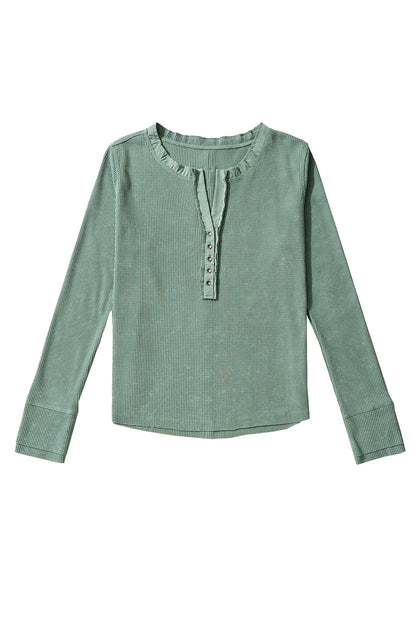 Acid Wash Waffle Knit Buttoned Neckline Long Sleeve Top