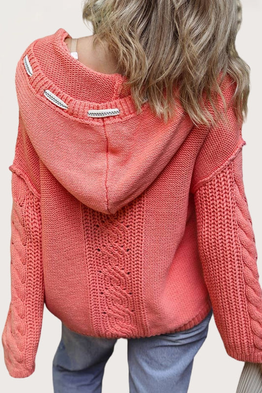 Cable Knit Hooded Sweater V Neck Drawstring Top