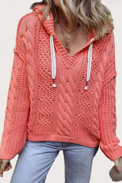 Cable Knit Hooded Sweater V Neck Drawstring Top