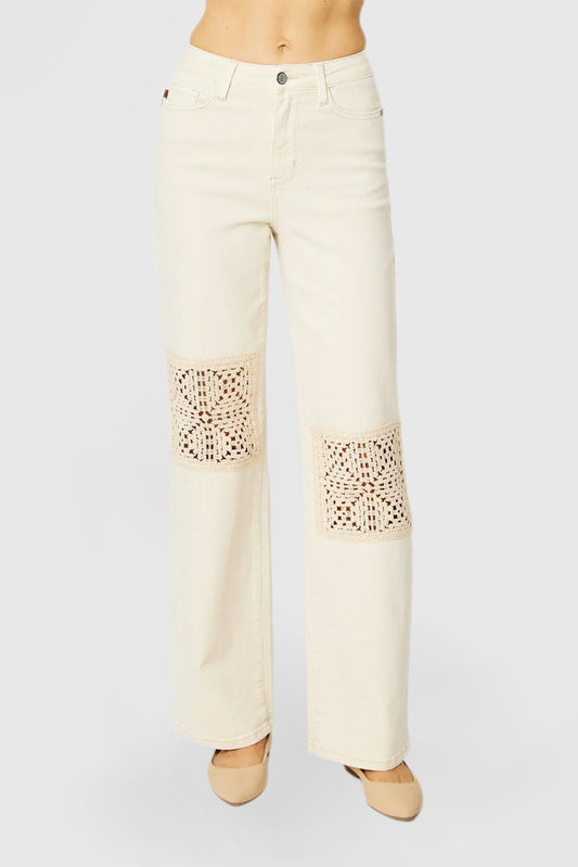 High-Waist Wide-Leg Pants with Crochet Patches