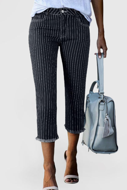 Women's Capri Jeans Stretchy Straight Leg Denim Pants White Stripe