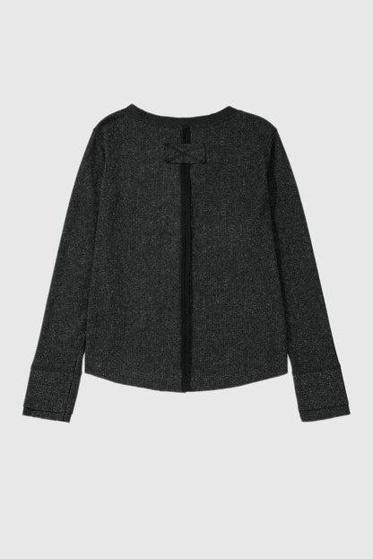 Acid Wash Waffle Knit Buttoned Neckline Long Sleeve Top