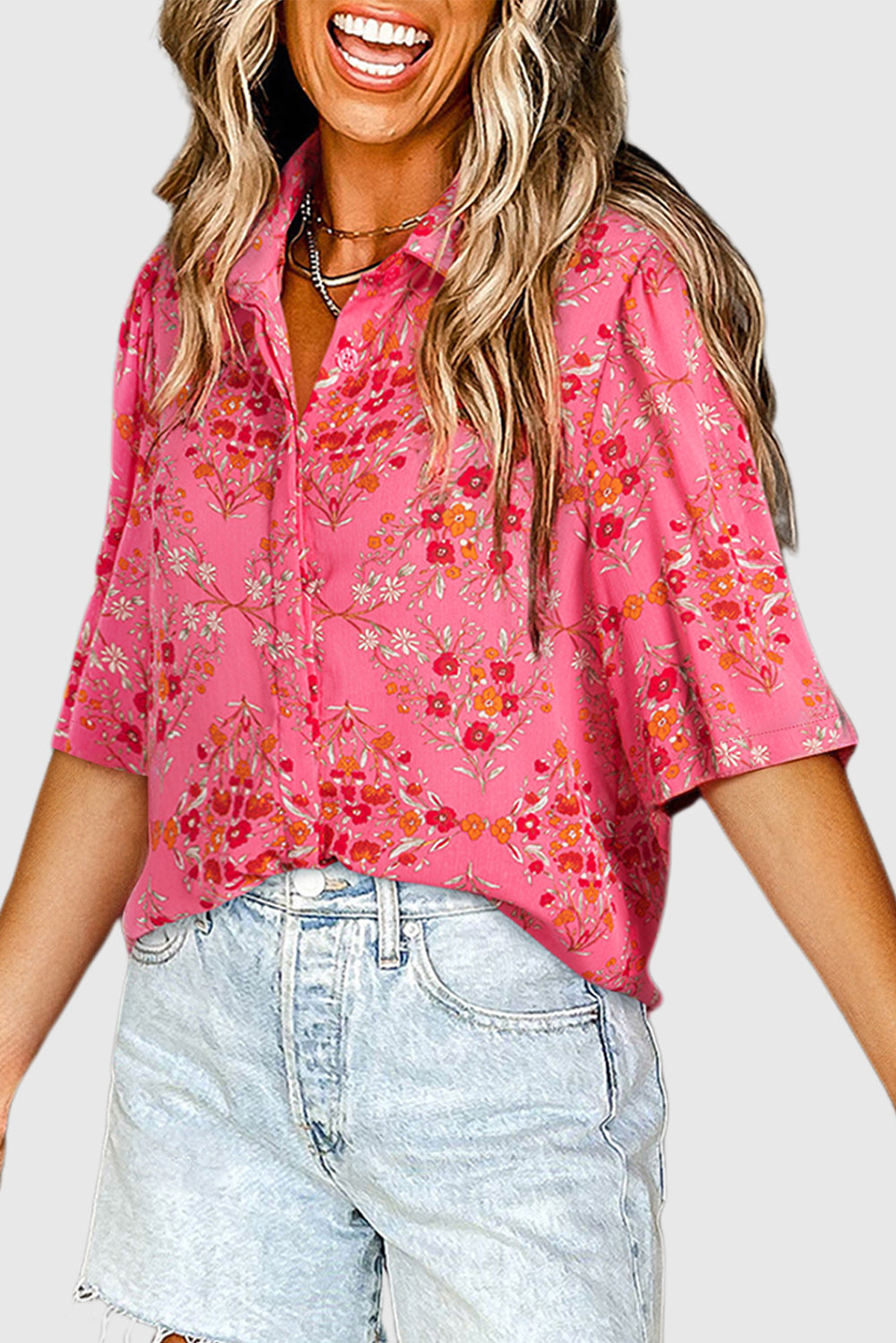 Rose Red Floral Print Wide Short Sleeve Loose Shirt