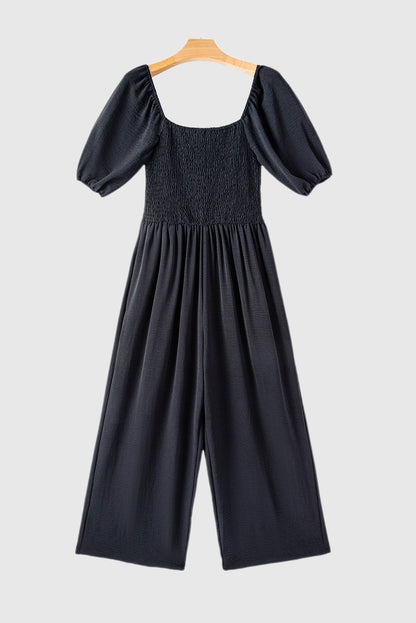 Women's Short Bubble Sleeve Smocked Wide Leg Jumpsuit