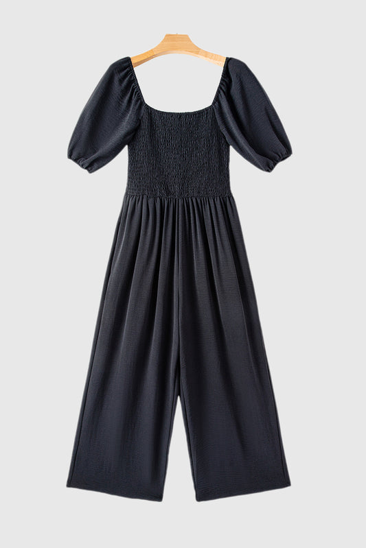 Women's Short Bubble Sleeve Smocked Wide Leg Jumpsuit