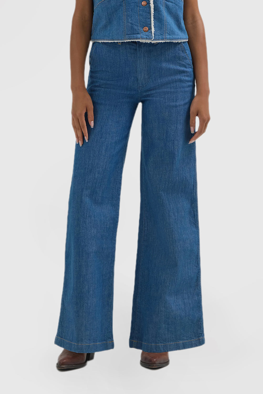 Blue High Waisted Women's Jeans Fitted Wide Leg Pants