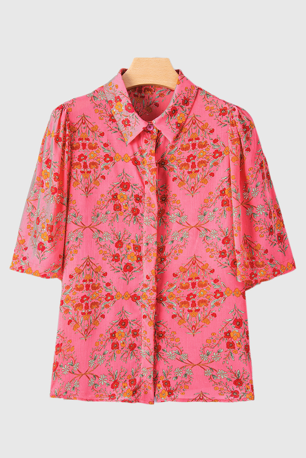 Rose Red Floral Print Wide Short Sleeve Loose Shirt