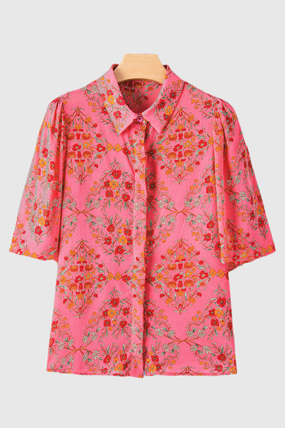 Rose Red Floral Print Wide Short Sleeve Loose Shirt