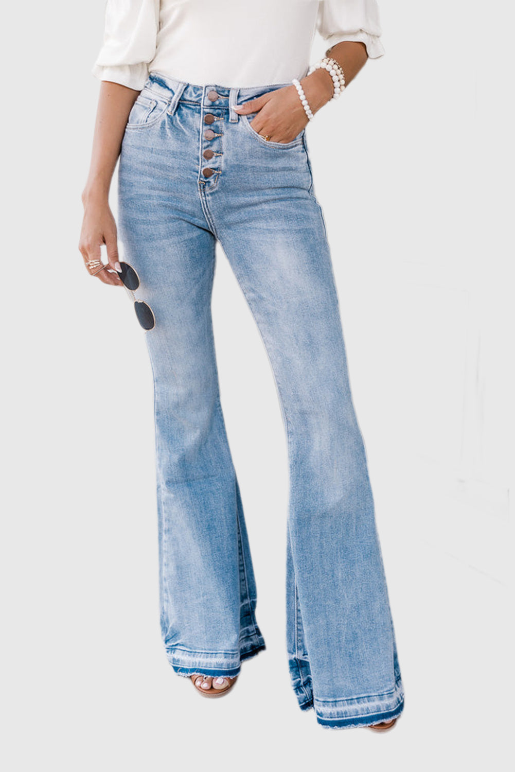 Sky Blue High-Waisted Button Front Distressed Flared Jeans