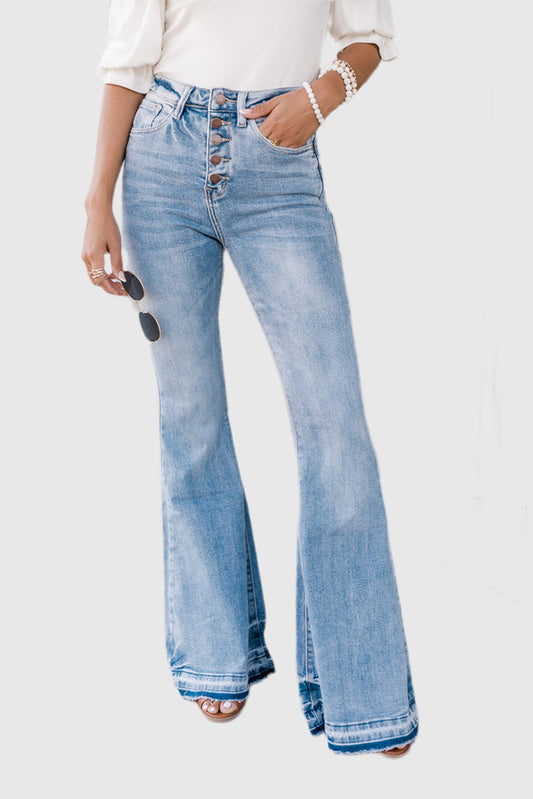 Sky Blue High-Waisted Button Front Distressed Flared Jeans