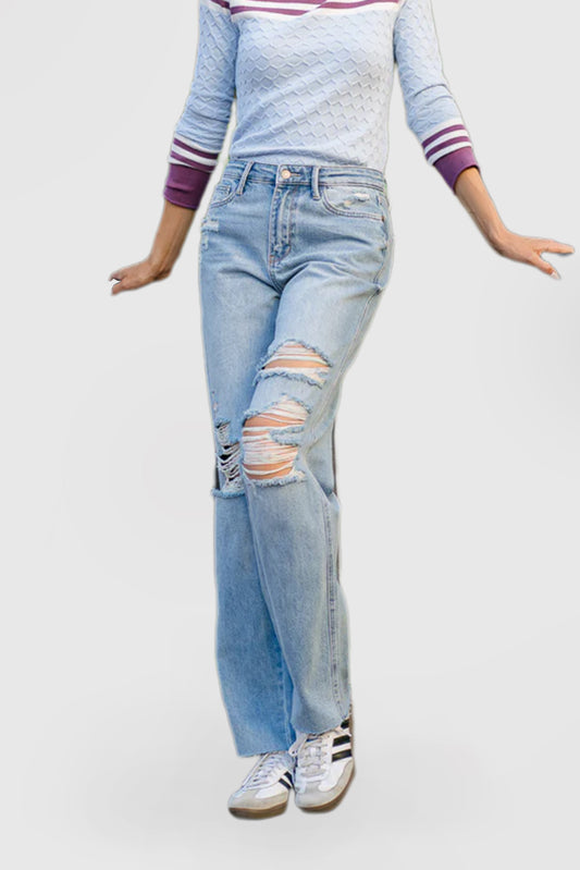 High-Rise 90s-Inspired Distressed Straight-Leg Rigid Denim Jeans