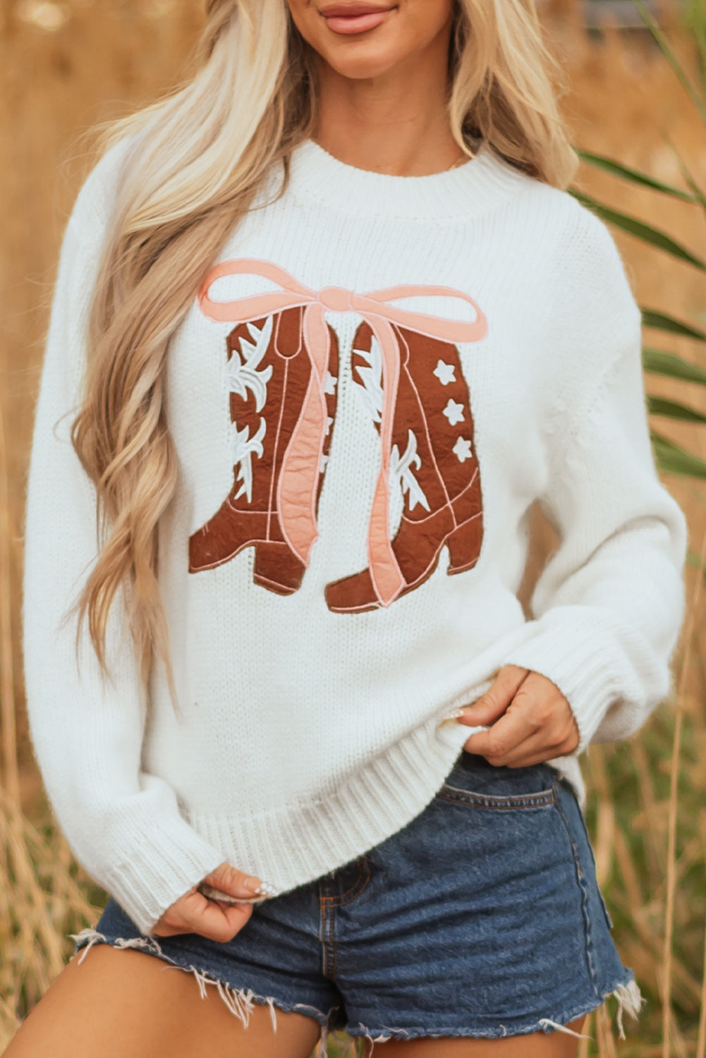 Western Boots Embroidered Bow Knit Sweater