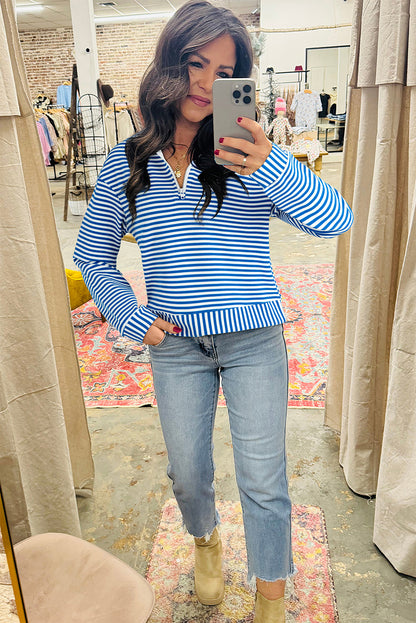 Stripe Quarter Zip Collar Pullover Long Sleeve Top