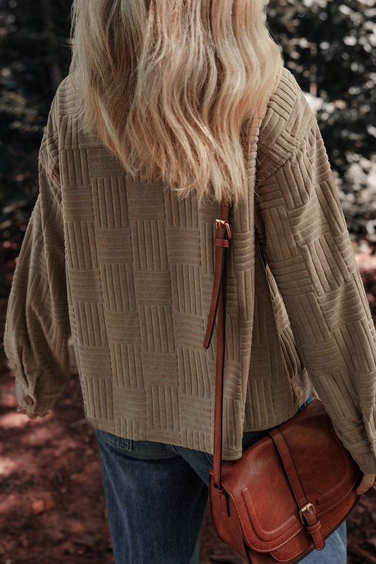 Dark Khaki Textured Button-up Shacket with Chest Pockets