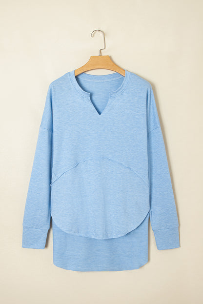 Smoke Green Notched Neck Terry Raw Hem Long Sleeve Top