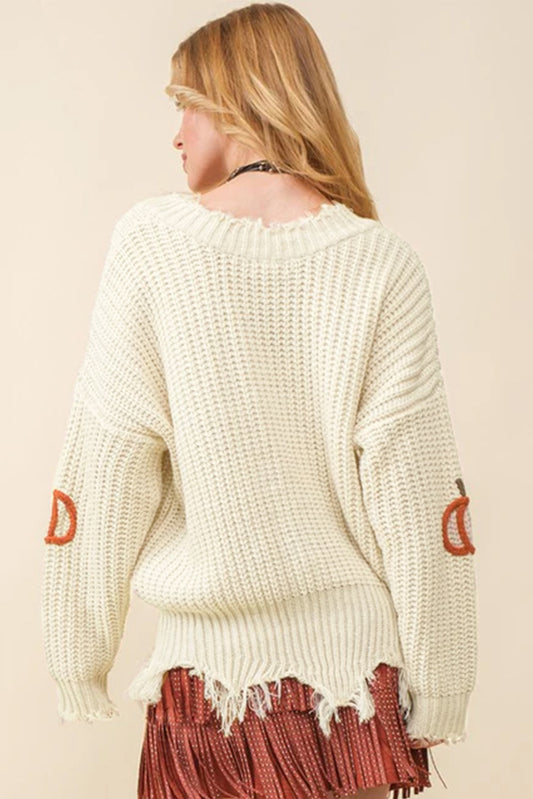 Beige Cable Knit Pumpkin Raw Hem Sweater