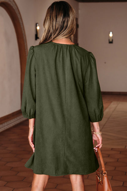 Bracelet Sleeve Split Neck Scallop Pleated Mini Dress