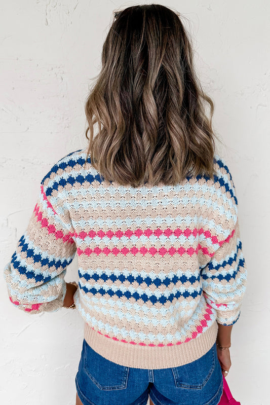 Stripe Eyelet Patterned Drop Shoulder Sweater