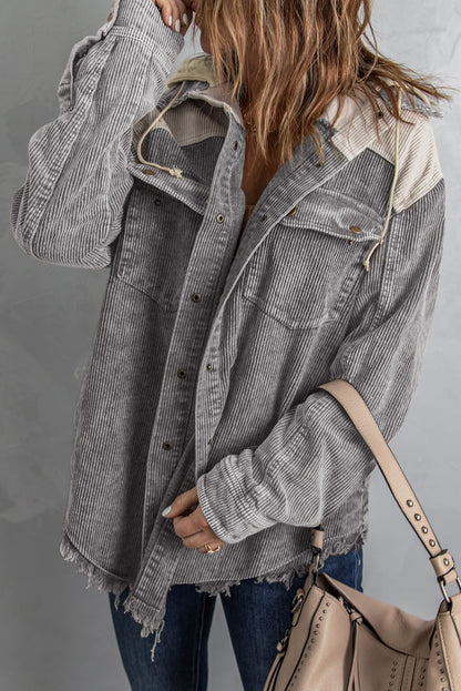 ColorBlock Button Down Hooded Corduroy Jacket