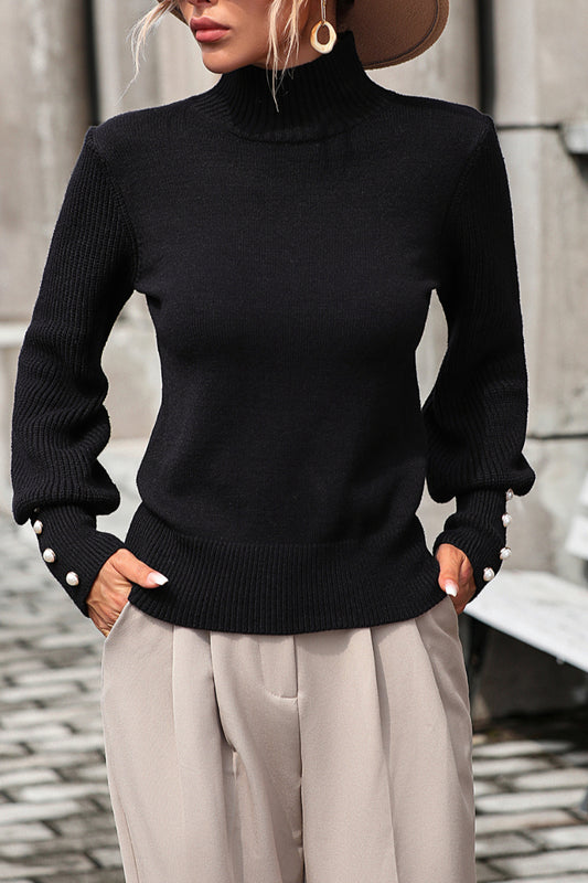 Womens Turtleneck Pearl Trim Knit Sweater Top