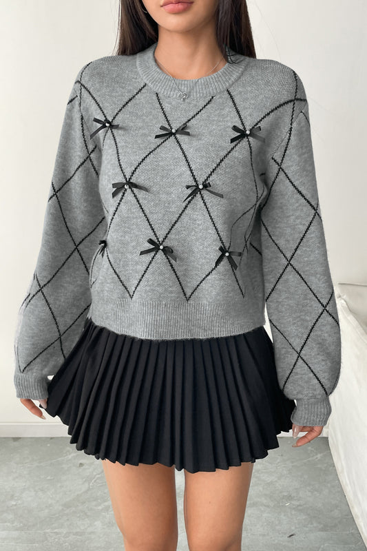 Grey Pullover Sweater with Bow Detail