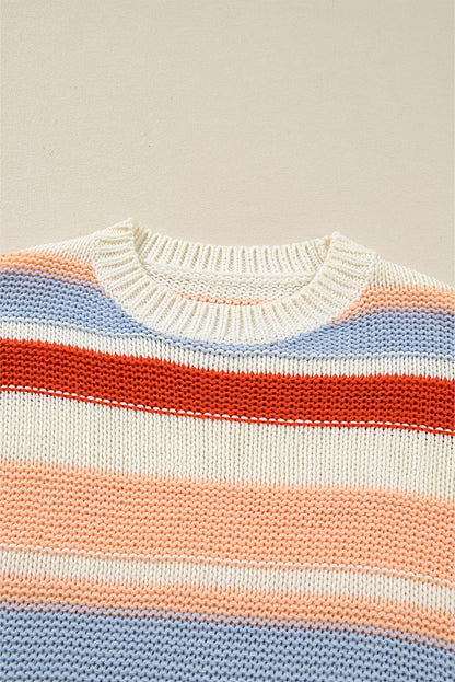 Striped Colorblock Round Neck Drop Shoulder Sweater