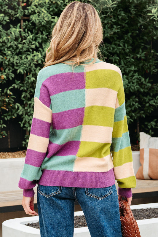 Colorblock Green Stripe Drop Shoulder Sweater