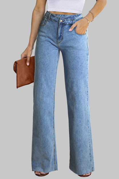 Mid Rise Asymmetrical Waist Wide Leg Jeans