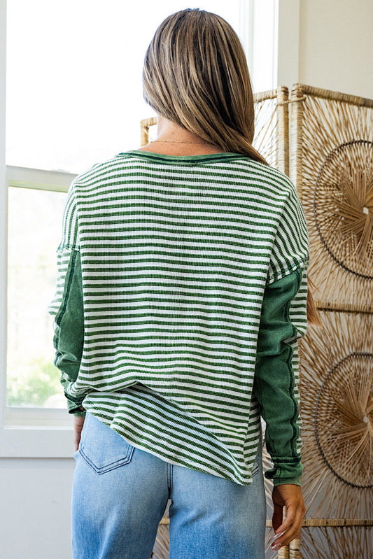 Thermal Knit Striped Drop Shoulder Casual Top